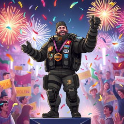 A vibrant and dynamic illustration of the character Jäger from Rainbow Six Siege, celebrating his victory as a champion