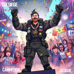 A vibrant and dynamic illustration of the character Jäger from Rainbow Six Siege, celebrating his victory as a champion