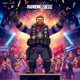 A vibrant and dynamic illustration of the character Jäger from Rainbow Six Siege, celebrating his victory as a champion