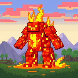 A pixel art representation of a lava creature, designed as a pixelated golem composed entirely of molten lava blocks