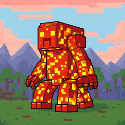 A pixel art representation of a lava creature, designed as a pixelated golem composed entirely of molten lava blocks