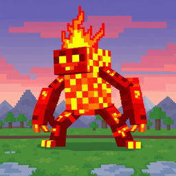 A pixel art representation of a lava creature, designed as a pixelated golem composed entirely of molten lava blocks