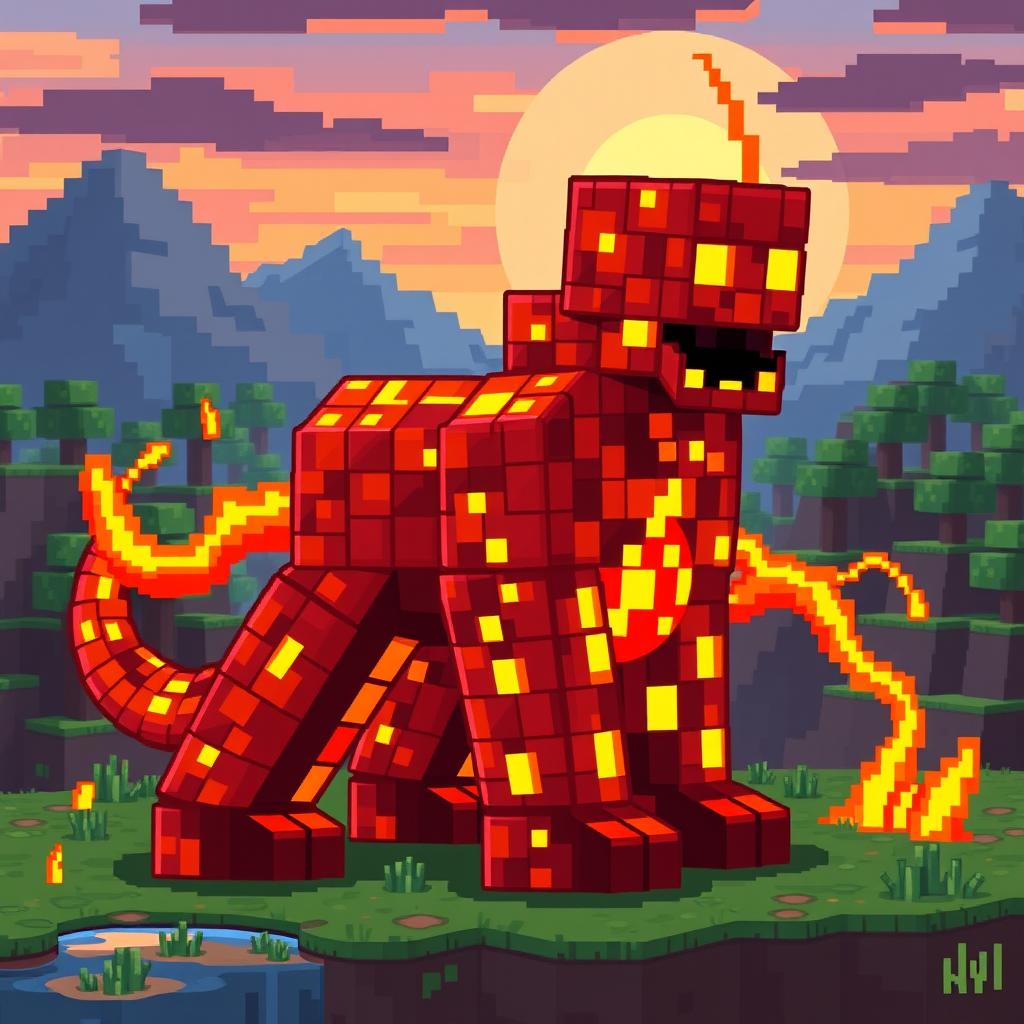 A pixel art representation of a lava creature, designed as a pixelated golem composed entirely of molten lava blocks