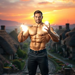 A strong man with glowing light powers, standing confidently in front of a picturesque village