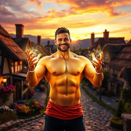 A strong man with glowing light powers, standing confidently in front of a picturesque village