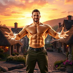 A strong man with glowing light powers, standing confidently in front of a picturesque village