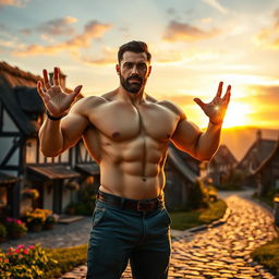 A strong man with glowing light powers, standing confidently in front of a picturesque village