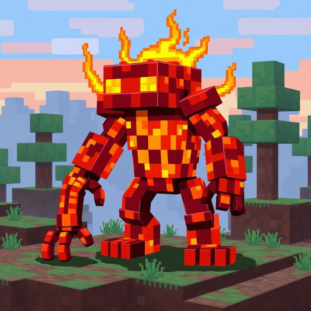 A pixel art depiction of a lava creature from Minecraft, featuring a unique golem crafted from blocks of molten lava