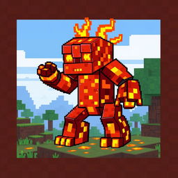 A pixel art depiction of a lava creature from Minecraft, featuring a unique golem crafted from blocks of molten lava