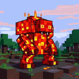 A pixel art depiction of a lava creature from Minecraft, featuring a unique golem crafted from blocks of molten lava