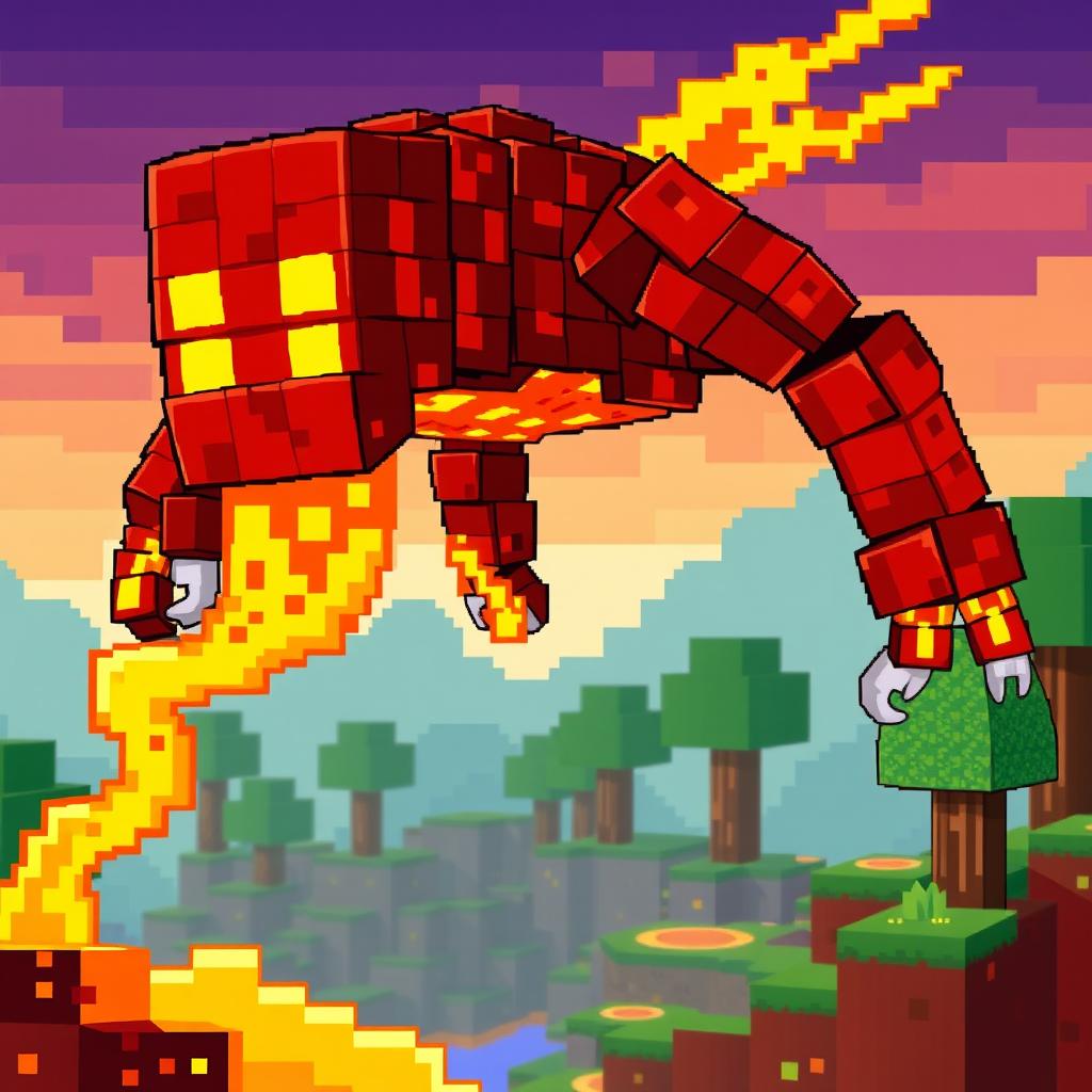 A pixel art depiction of a lava creature from Minecraft, featuring a unique golem crafted from blocks of molten lava