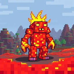 A pixel art illustration of a lava creature from Minecraft, designed as a vibrant golem made entirely of molten lava blocks
