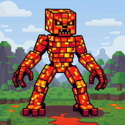 A pixel art illustration of a lava creature from Minecraft, designed as a vibrant golem made entirely of molten lava blocks