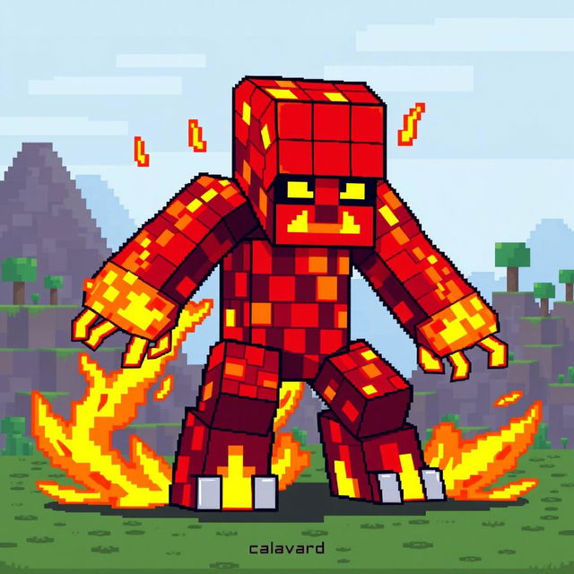 A pixel art illustration of a lava creature from Minecraft, designed as a vibrant golem made entirely of molten lava blocks