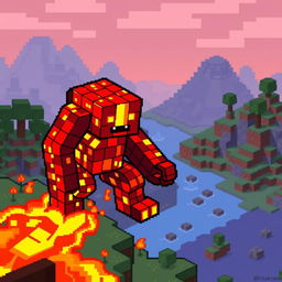 A pixel art illustration of a lava creature from Minecraft, designed as a vibrant golem made entirely of molten lava blocks