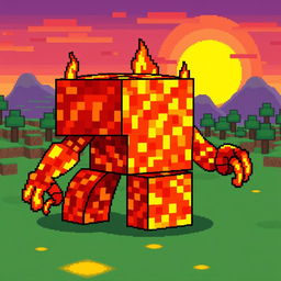 A vibrant pixel art creature made entirely of lava from Minecraft, represented as a blocky golem composed of pixelated molten lava blocks