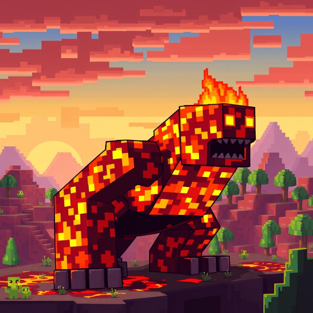 A vibrant pixel art creature made entirely of lava from Minecraft, represented as a blocky golem composed of pixelated molten lava blocks