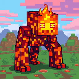 A vibrant pixel art creature made entirely of lava from Minecraft, represented as a blocky golem composed of pixelated molten lava blocks