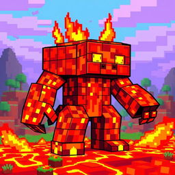 A vibrant pixel art creature made entirely of lava from Minecraft, represented as a blocky golem composed of pixelated molten lava blocks