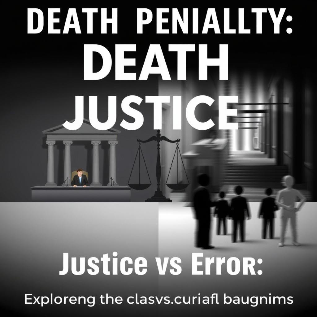 A thought-provoking poster titled 'Death Penalty: Justice vs Error', featuring a balanced and neutral depiction of both sides of the argument