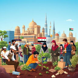 A vibrant and symbolic illustration capturing the spirit of cooperation among diverse segments of Syrian society in the aftermath of the revolution