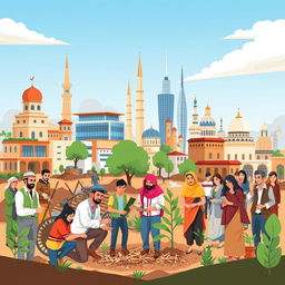 A vibrant and symbolic illustration capturing the spirit of cooperation among diverse segments of Syrian society in the aftermath of the revolution