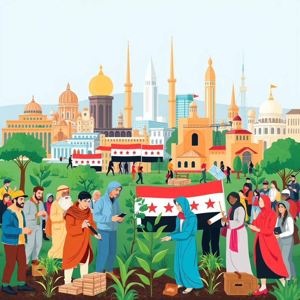 A vibrant and symbolic illustration capturing the spirit of cooperation among diverse segments of Syrian society in the aftermath of the revolution