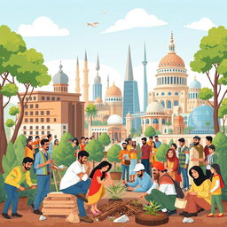 A vibrant and symbolic illustration capturing the spirit of cooperation among diverse segments of Syrian society in the aftermath of the revolution