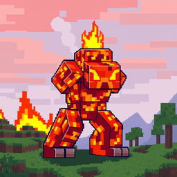 A pixel art creation of a lava creature inspired by Minecraft, designed as a golem made entirely of molten lava blocks