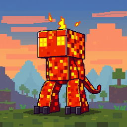 A pixel art creation of a lava creature inspired by Minecraft, designed as a golem made entirely of molten lava blocks