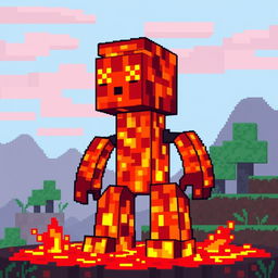 A pixel art creation of a lava creature inspired by Minecraft, designed as a golem made entirely of molten lava blocks