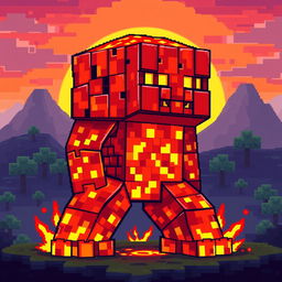 A pixel art creation of a lava creature inspired by Minecraft, designed as a golem made entirely of molten lava blocks
