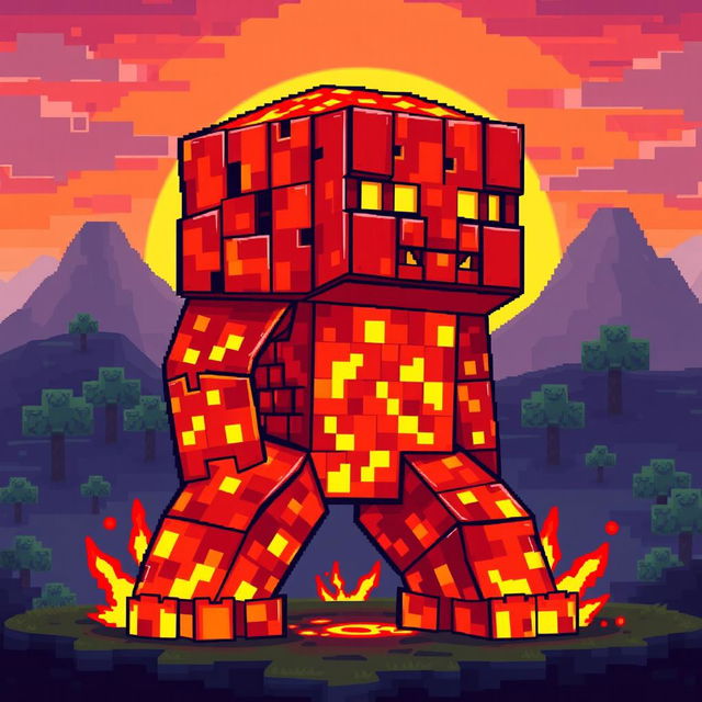A pixel art creation of a lava creature inspired by Minecraft, designed as a golem made entirely of molten lava blocks