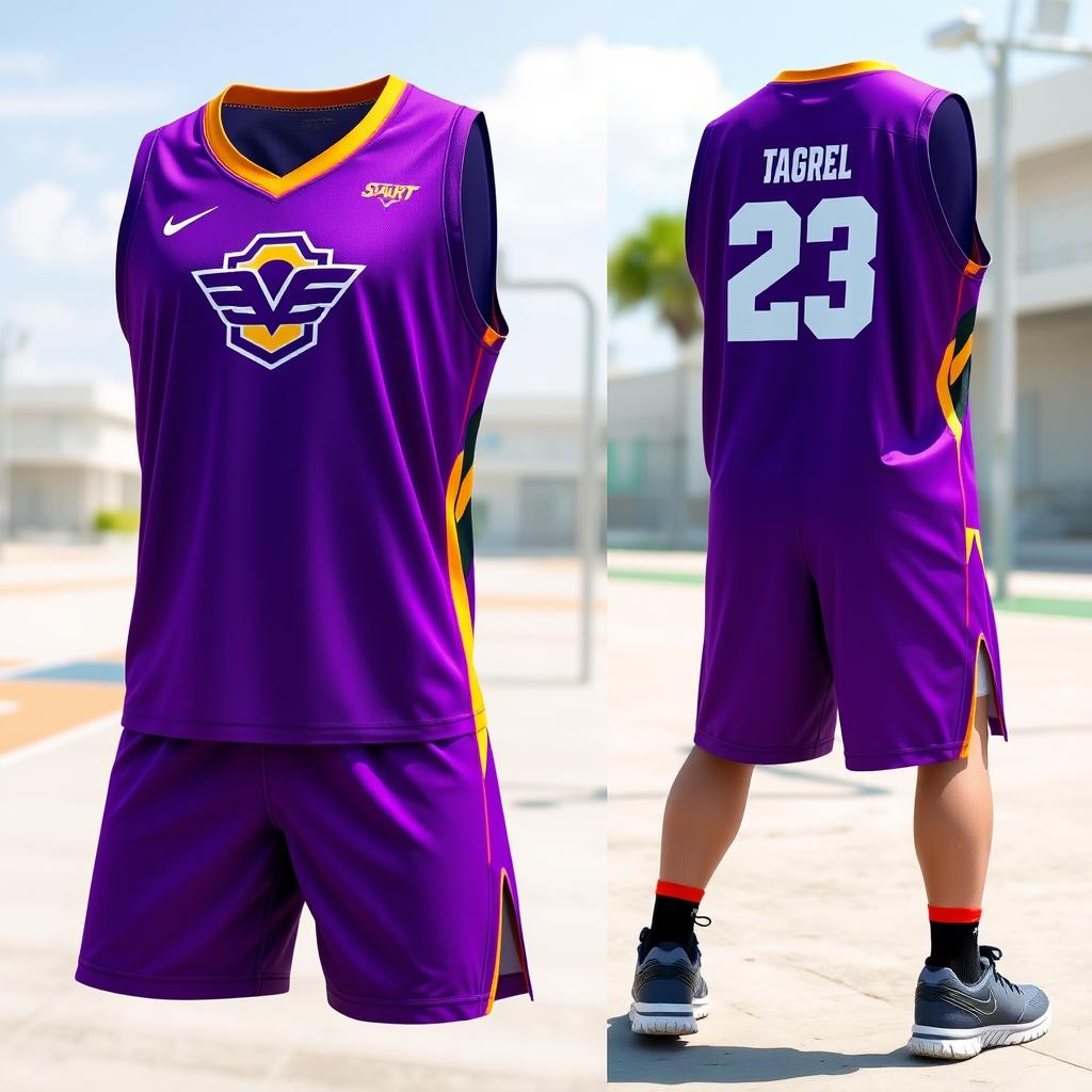 A vibrant purple basketball jersey designed for a sportfest, showcasing both the front and back views along with a side perspective