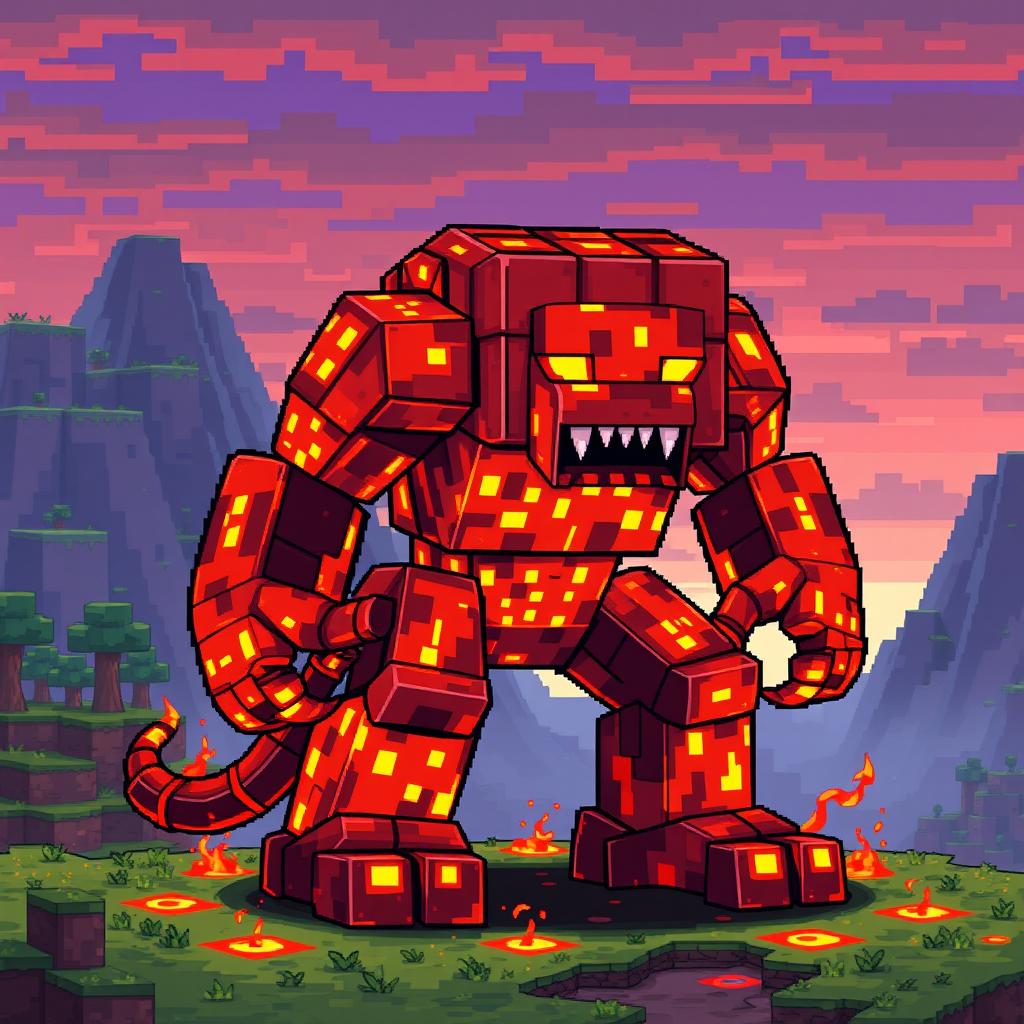 A detailed pixel art creature made of lava, inspired by Minecraft, depicted as a formidable golem constructed from glowing molten lava blocks