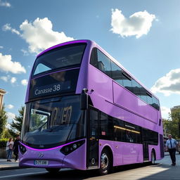 A light purple double-decker bus featuring vibrant purple neon trim glowing around the edges