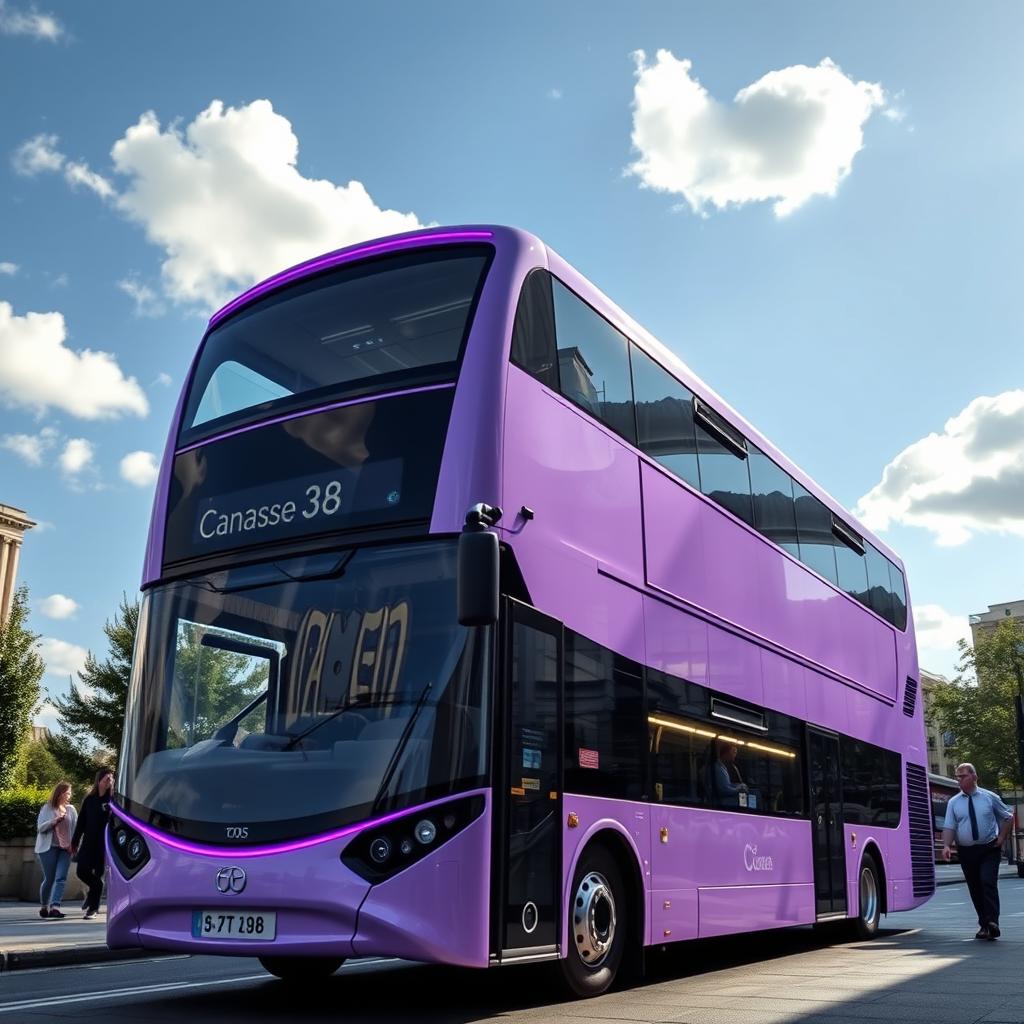 A light purple double-decker bus featuring vibrant purple neon trim glowing around the edges