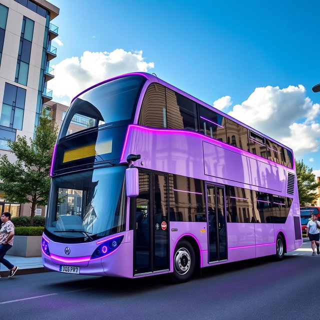 A light purple double-decker bus featuring vibrant purple neon trim glowing around the edges