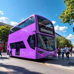 A light purple double-decker bus featuring vibrant purple neon trim glowing around the edges