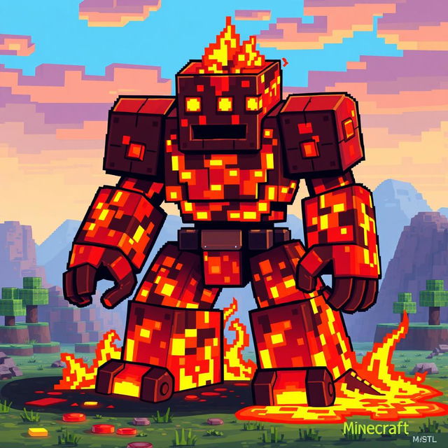 A detailed pixel art creature made of lava, inspired by Minecraft, depicted as a formidable golem constructed from glowing molten lava blocks
