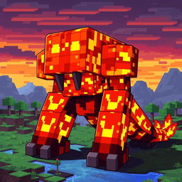 A detailed pixel art creature made of lava, inspired by Minecraft, depicted as a formidable golem constructed from glowing molten lava blocks