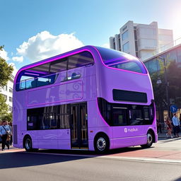 A light purple double-decker bus featuring vibrant purple neon trim glowing around the edges