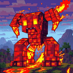 A detailed pixel art creature made of lava, inspired by Minecraft, depicted as a formidable golem constructed from glowing molten lava blocks