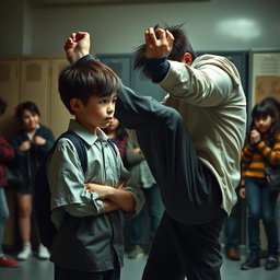 A dramatic scene depicting a primary school boy with a cold expression, standing confidently in front of a larger high school student who tries to extort him for pocket money