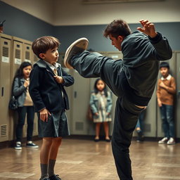 A dramatic scene depicting a primary school boy with a cold expression, standing confidently in front of a larger high school student who tries to extort him for pocket money