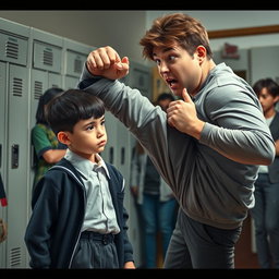 A dramatic scene depicting a primary school boy with a cold expression, standing confidently in front of a larger high school student who tries to extort him for pocket money