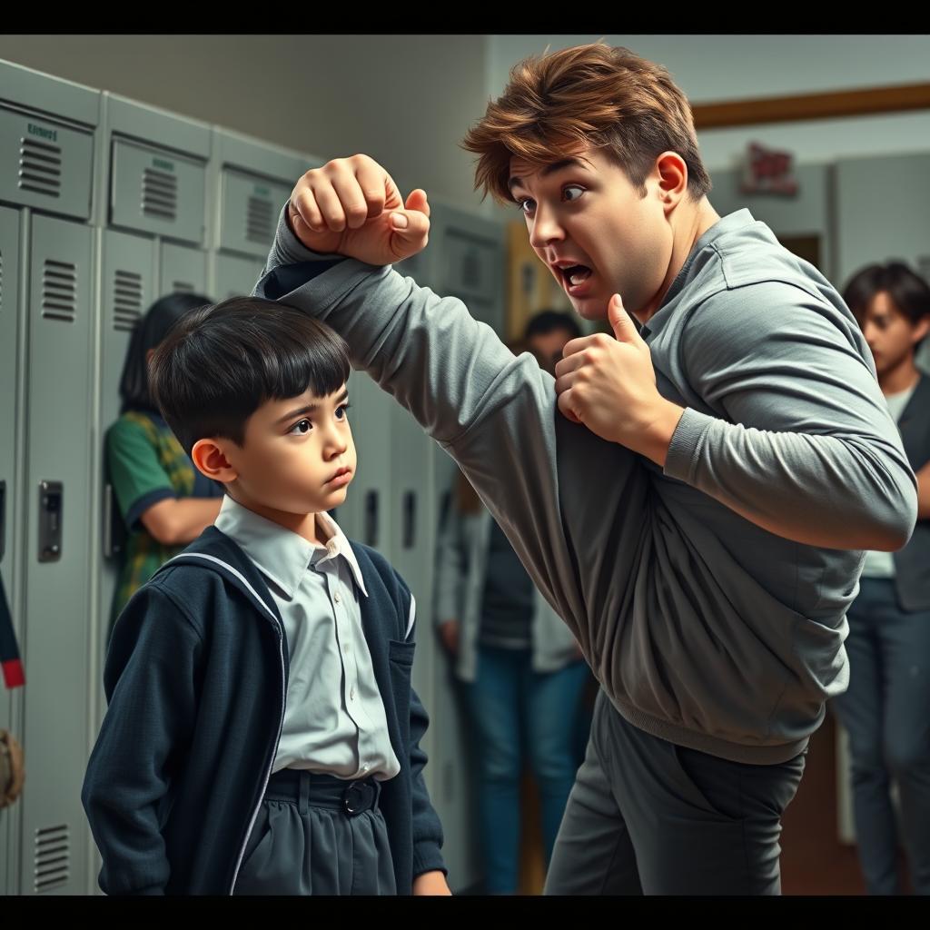 A dramatic scene depicting a primary school boy with a cold expression, standing confidently in front of a larger high school student who tries to extort him for pocket money