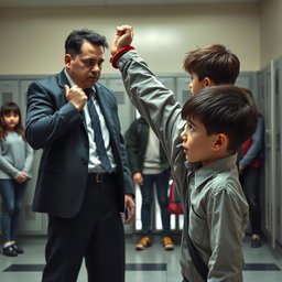 A dramatic scene depicting a primary school boy with a cold expression, standing confidently in front of a larger high school student who tries to extort him for pocket money