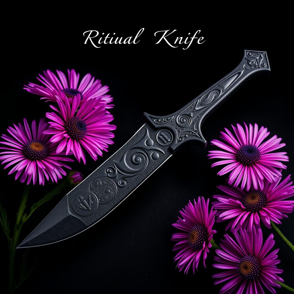 A dramatic book cover design featuring a real ritual knife at the center, with intricate carvings on the blade and a uniquely designed handle, showcasing a bold and mystical aesthetic
