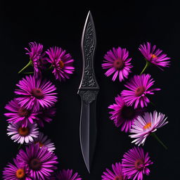 A dramatic book cover design featuring a real ritual knife at the center, with intricate carvings on the blade and a uniquely designed handle, showcasing a bold and mystical aesthetic